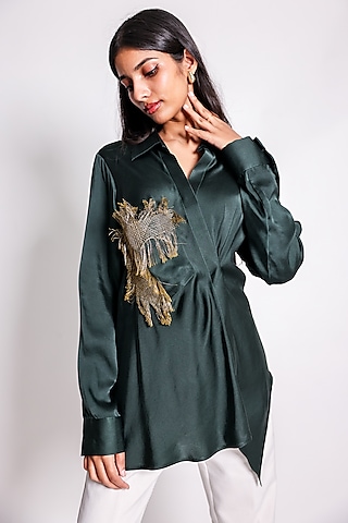Green Linen Satin Hand Embroidered Draped Shirt by ARYA GIRI