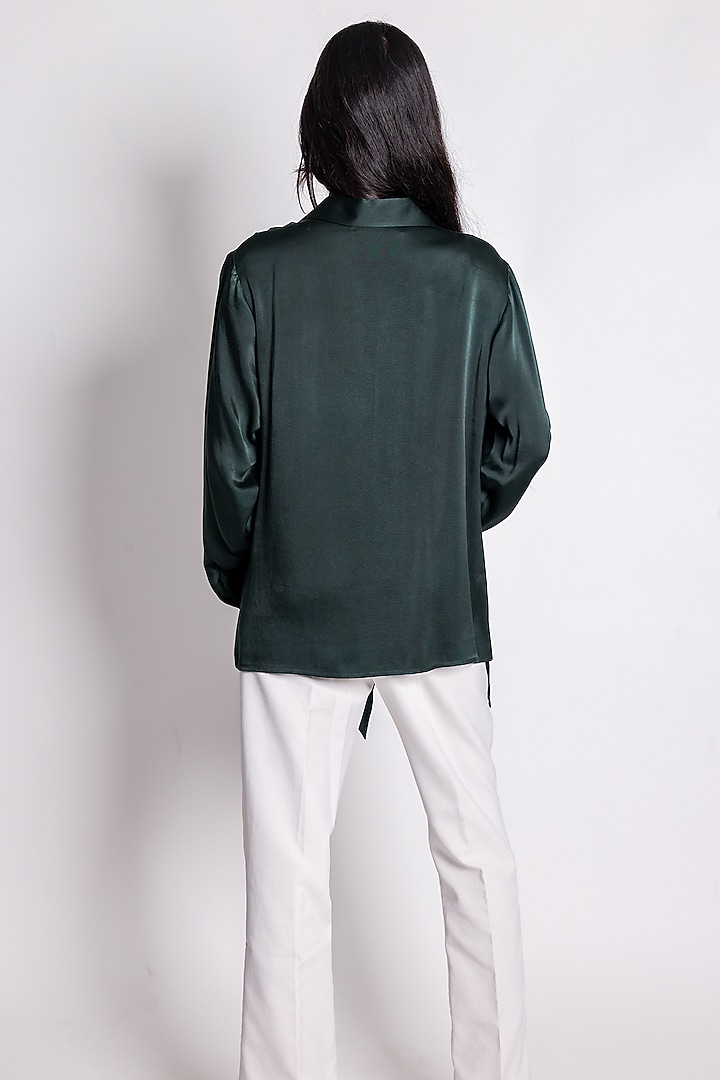 Green Linen Satin Hand Embroidered Draped Shirt by ARYA GIRI at Pernia's Pop Up Shop