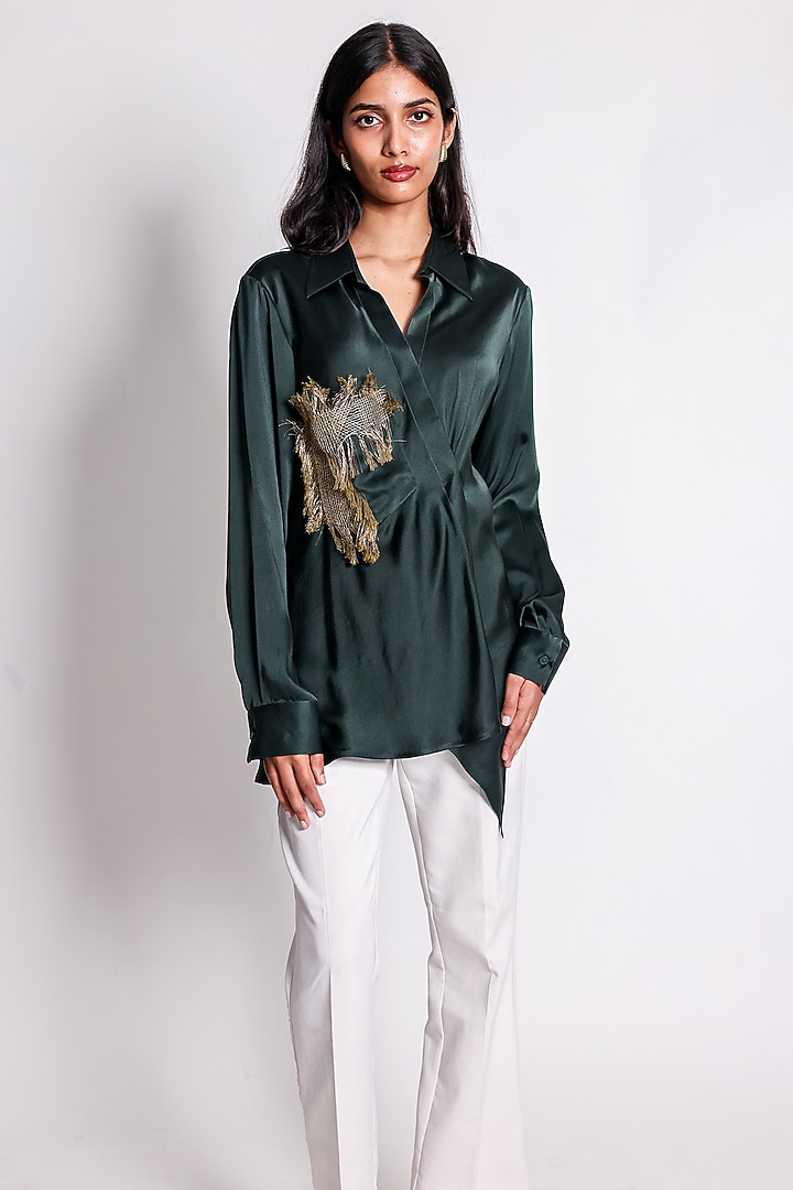 Green Linen Satin Hand Embroidered Draped Shirt by ARYA GIRI at Pernia's Pop Up Shop
