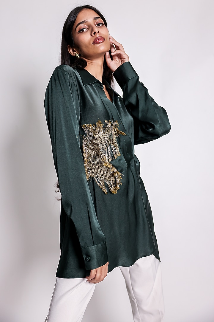 Green Linen Satin Hand Embroidered Draped Shirt by ARYA GIRI at Pernia's Pop Up Shop