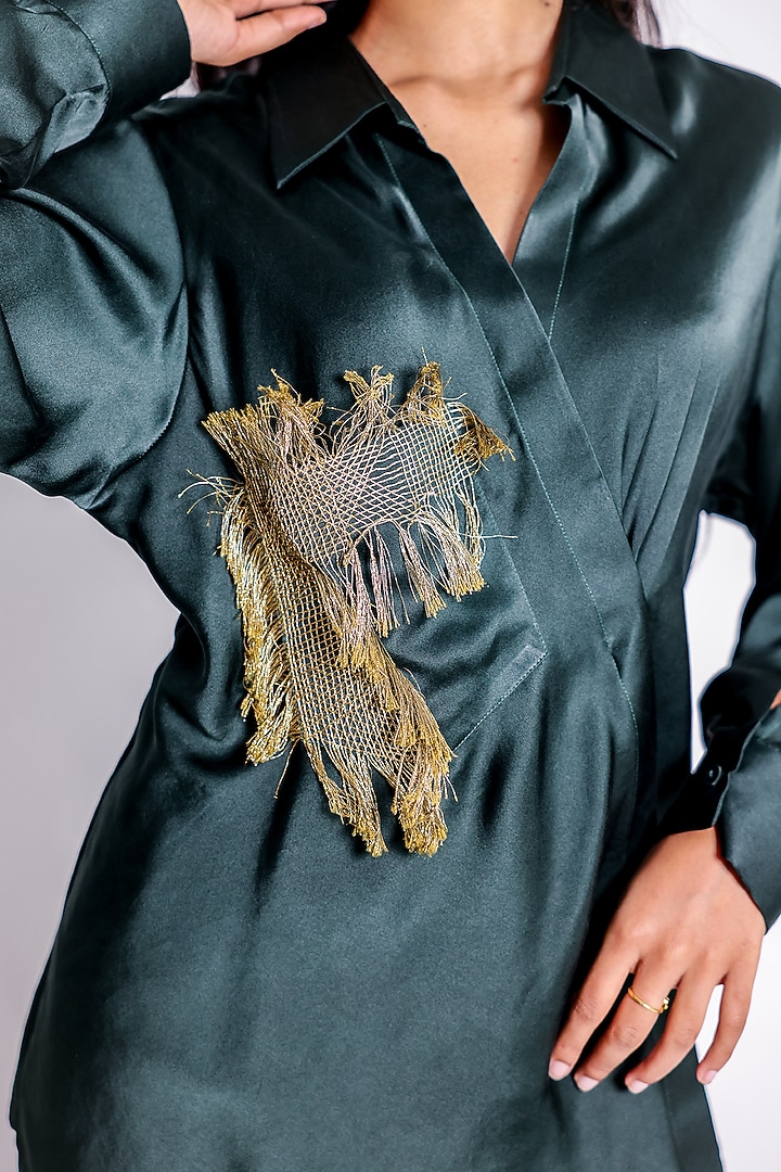 Green Linen Satin Hand Embroidered Draped Shirt by ARYA GIRI at Pernia's Pop Up Shop