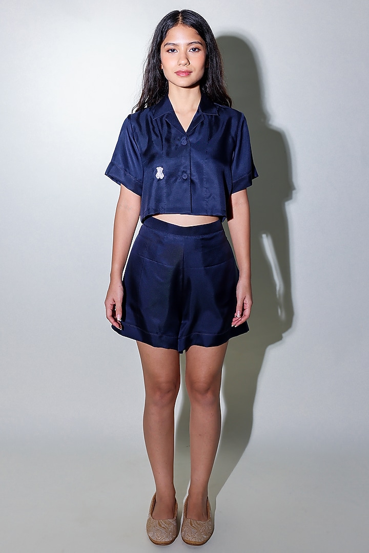 Blue Linen Satin Hand Embroidered Co-Ord Set by ARYA GIRI at Pernia's Pop Up Shop