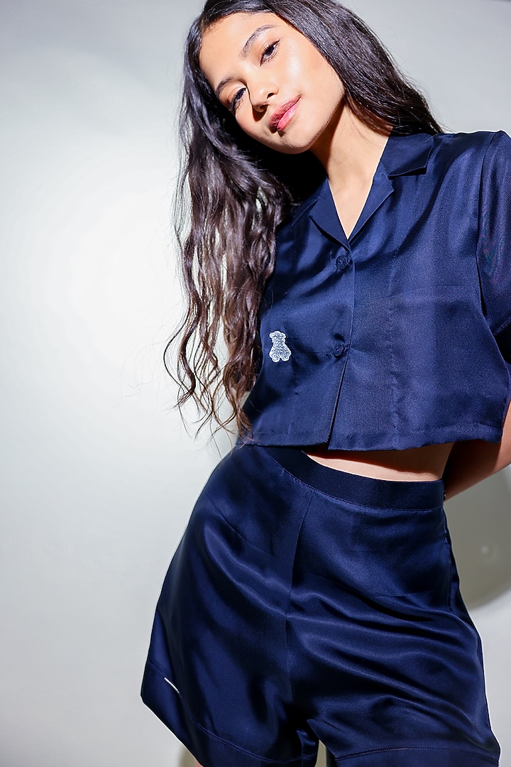 Blue Linen Satin Hand Embroidered Co-Ord Set by ARYA GIRI at Pernia's Pop Up Shop