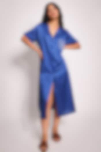 Blue Linen Satin Hand Embroidered Midi Shirt Summer Dress by ARYA GIRI at Pernia's Pop Up Shop