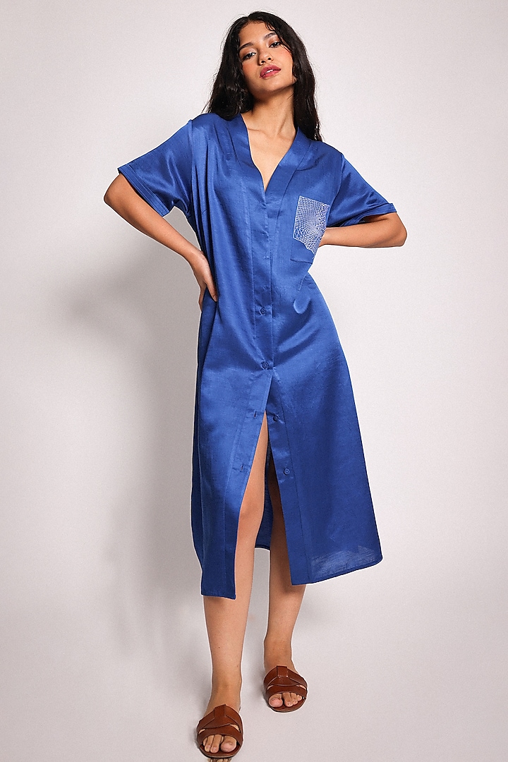 Blue Linen Satin Hand Embroidered Midi Shirt Summer Dress by ARYA GIRI at Pernia's Pop Up Shop