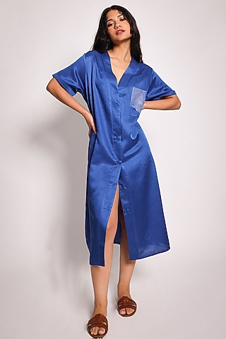 Blue Linen Satin Hand Embroidered Midi Shirt Dress by ARYA GIRI
