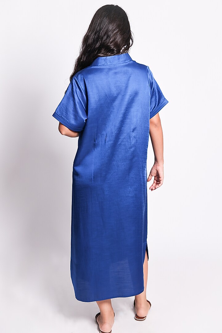 Blue Linen Satin Hand Embroidered Midi Shirt Summer Dress by ARYA GIRI at Pernia's Pop Up Shop
