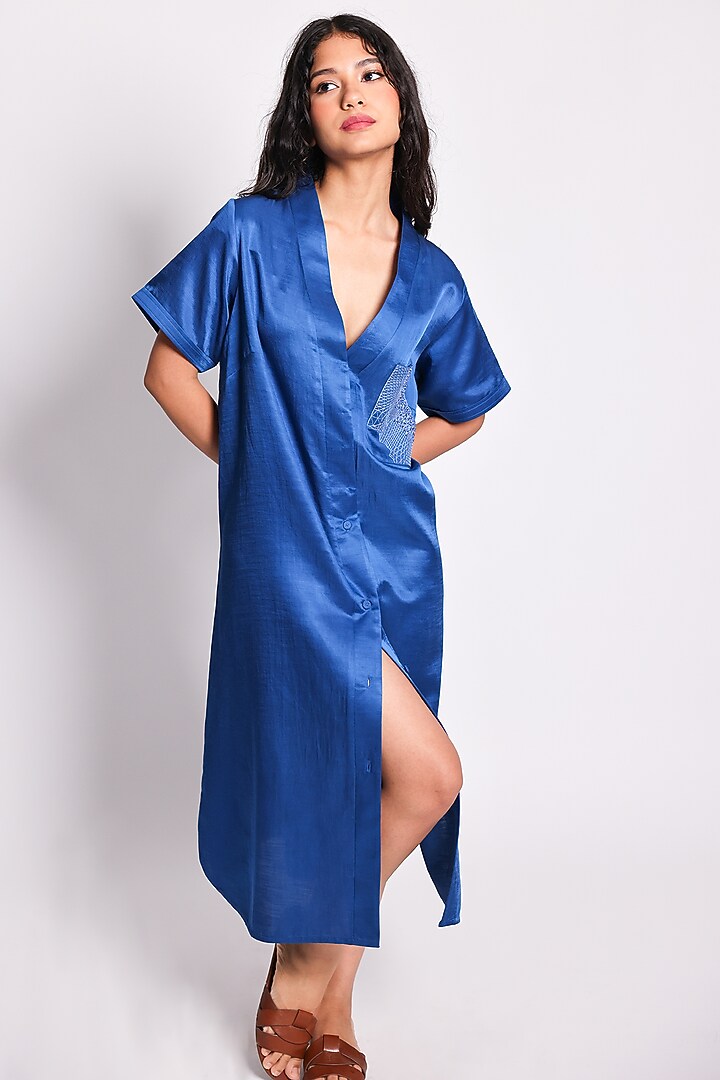 Blue Linen Satin Hand Embroidered Midi Shirt Summer Dress by ARYA GIRI at Pernia's Pop Up Shop