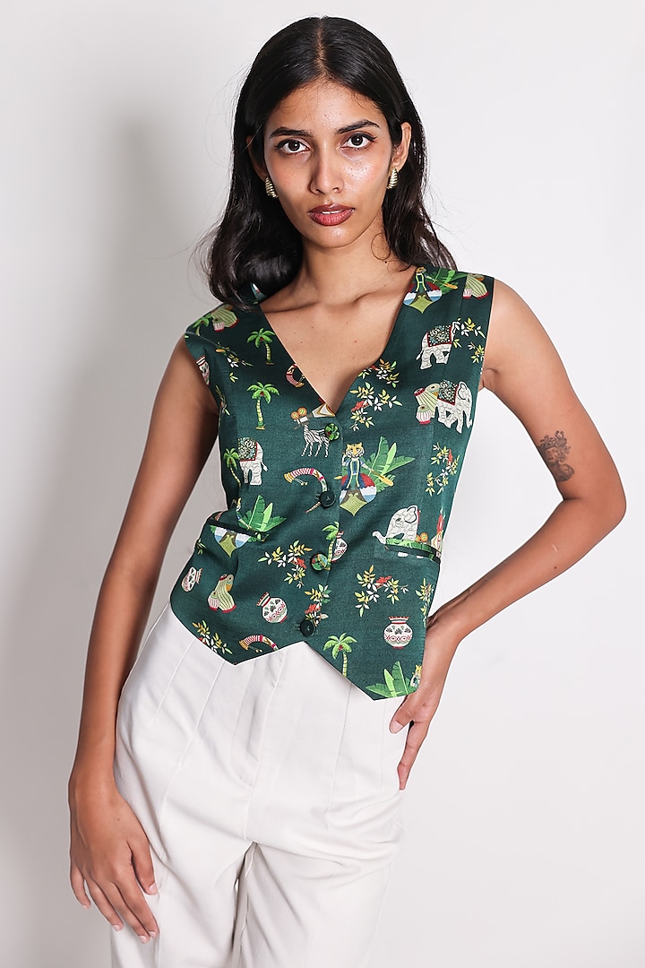 Green Satin Printed Waistcoat by ARYA GIRI at Pernia's Pop Up Shop