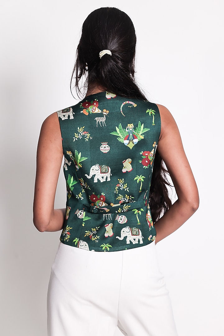 Green Satin Printed Waistcoat by ARYA GIRI at Pernia's Pop Up Shop