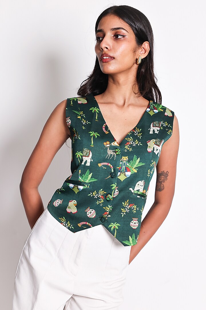 Green Satin Printed Waistcoat by ARYA GIRI at Pernia's Pop Up Shop