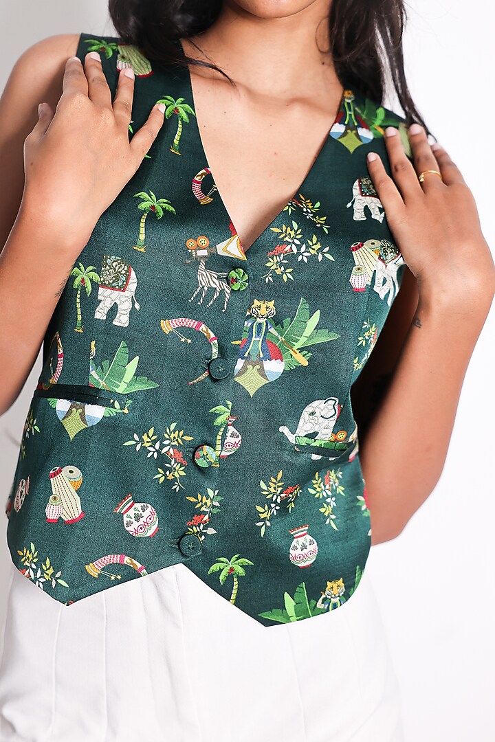 Green Satin Printed Waistcoat by ARYA GIRI at Pernia's Pop Up Shop