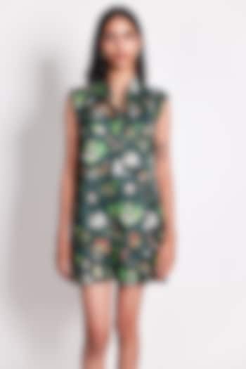 Green Satin Silk Printed Romper by ARYA GIRI at Pernia's Pop Up Shop