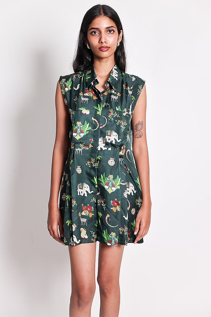 Green Satin Silk Printed Romper by ARYA GIRI at Pernia's Pop Up Shop