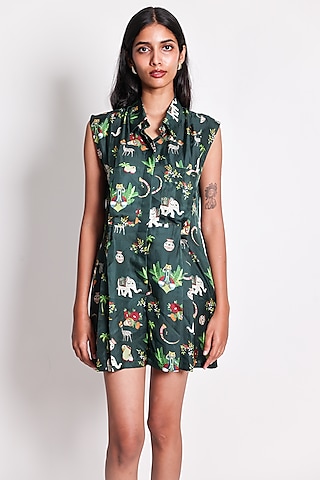 Green Satin Silk Printed Romper by ARYA GIRI