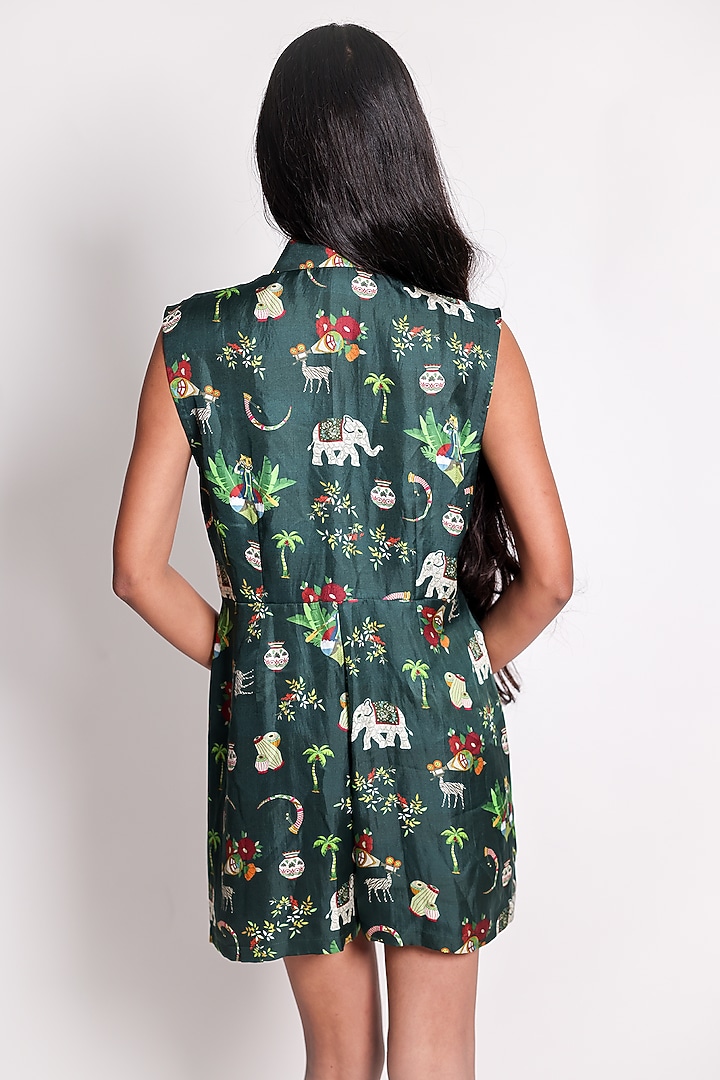 Green Satin Silk Printed Romper by ARYA GIRI at Pernia's Pop Up Shop