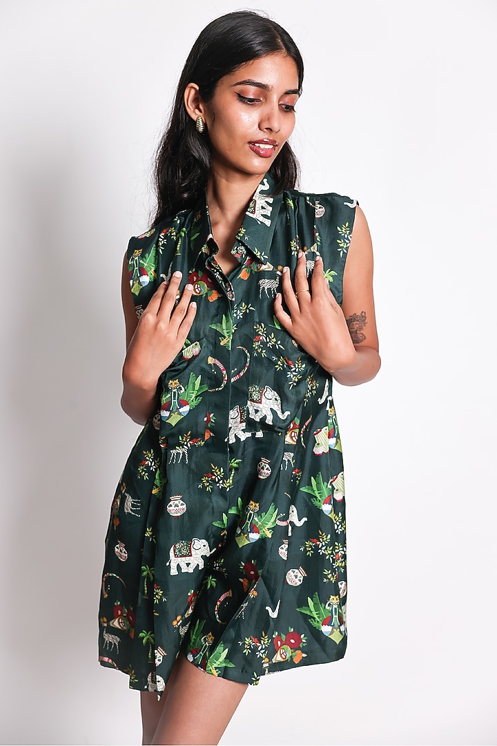 Green Satin Silk Printed Romper by ARYA GIRI at Pernia's Pop Up Shop