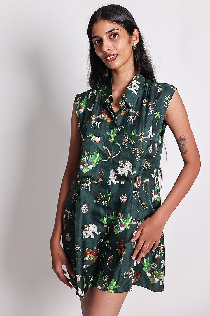 Green Satin Silk Printed Romper by ARYA GIRI at Pernia's Pop Up Shop