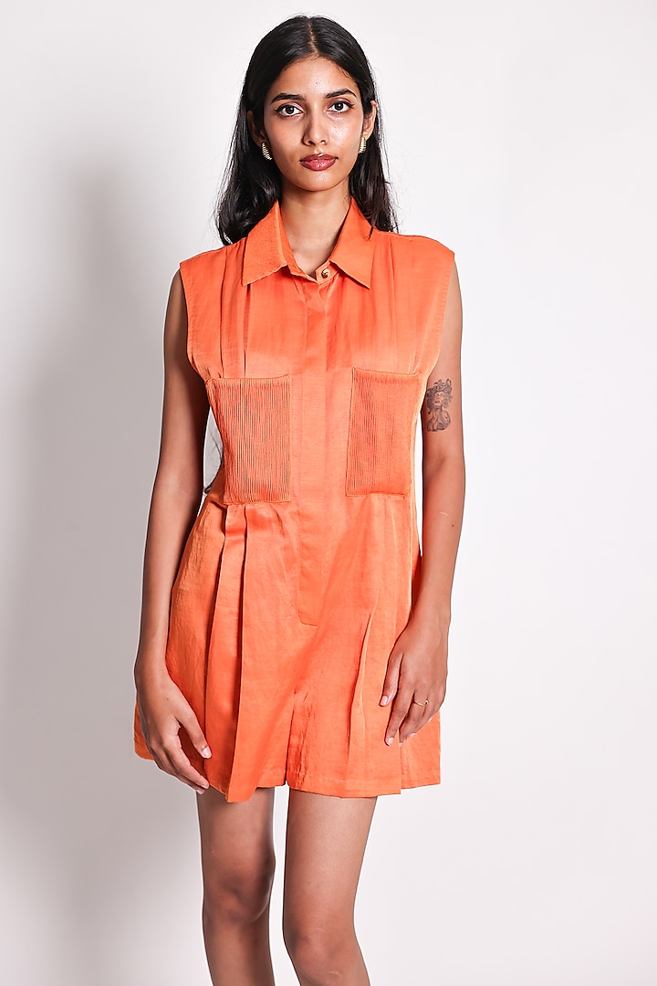 Orange Linen Satin Romper by ARYA GIRI at Pernia's Pop Up Shop