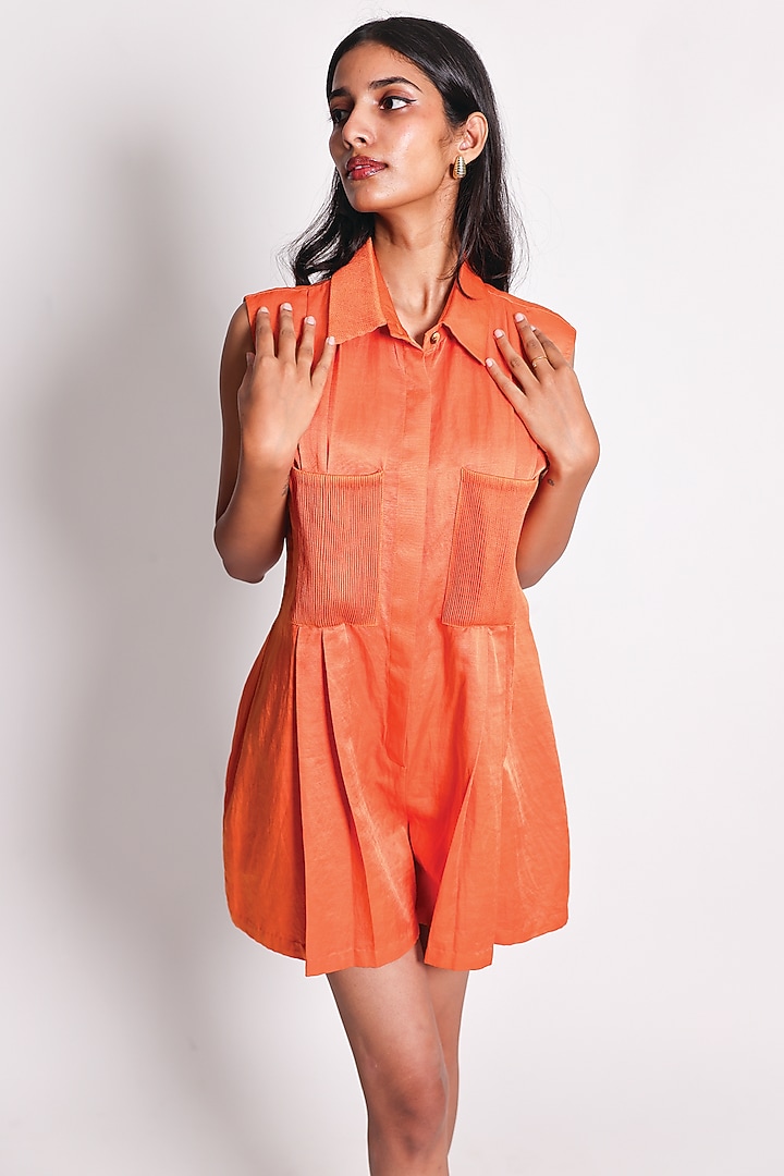 Orange Linen Satin Romper by ARYA GIRI at Pernia's Pop Up Shop
