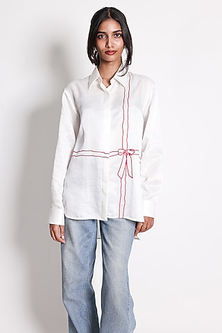 White Linen Satin Beads Hand Embroidered Shirt by ARYA GIRI