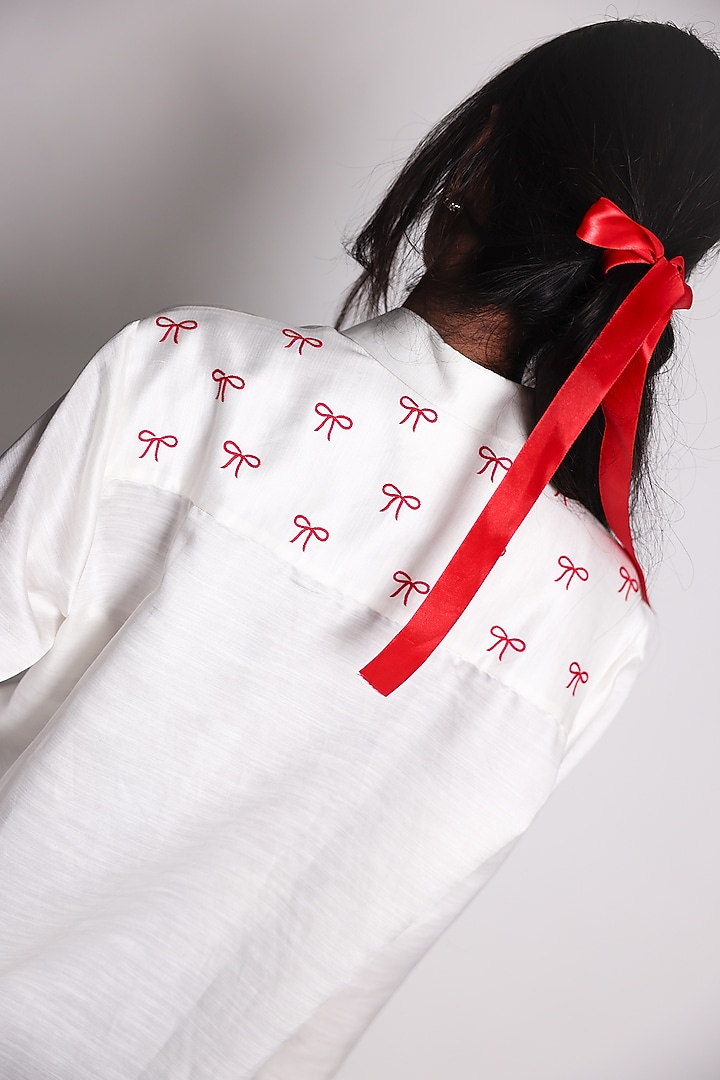 White Linen Satin Beads Hand Embroidered Shirt by ARYA GIRI at Pernia's Pop Up Shop