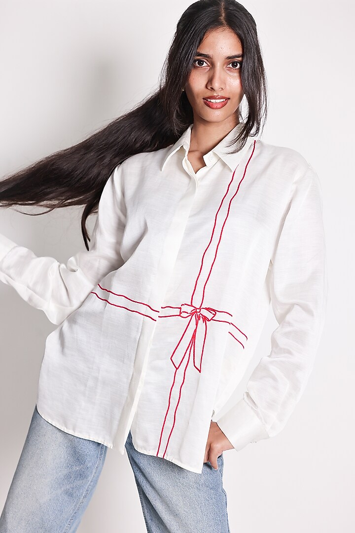 White Linen Satin Beads Hand Embroidered Shirt by ARYA GIRI at Pernia's Pop Up Shop
