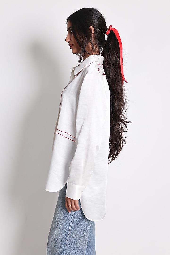 White Linen Satin Beads Hand Embroidered Shirt by ARYA GIRI at Pernia's Pop Up Shop