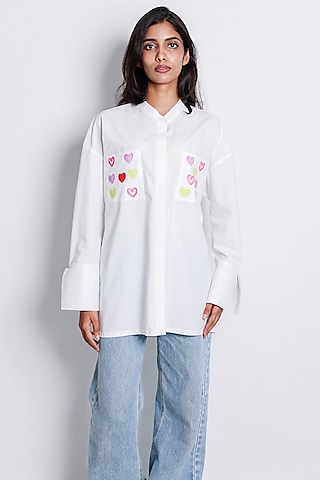 White Poplin Heart Embroidered Shirt by ARYA GIRI