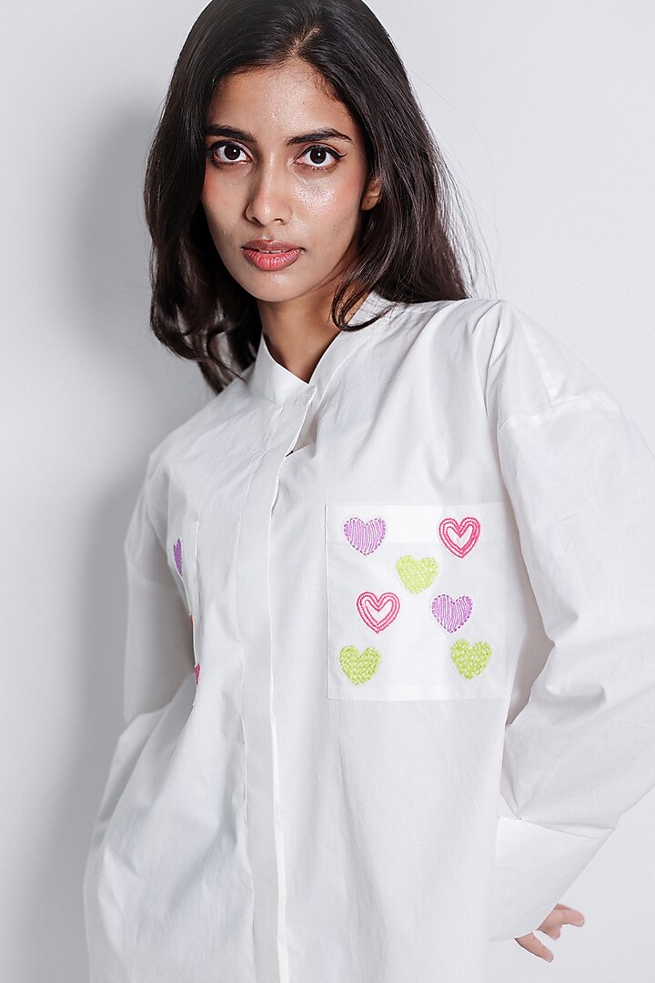 White Poplin Heart Embroidered Shirt by ARYA GIRI at Pernia's Pop Up Shop
