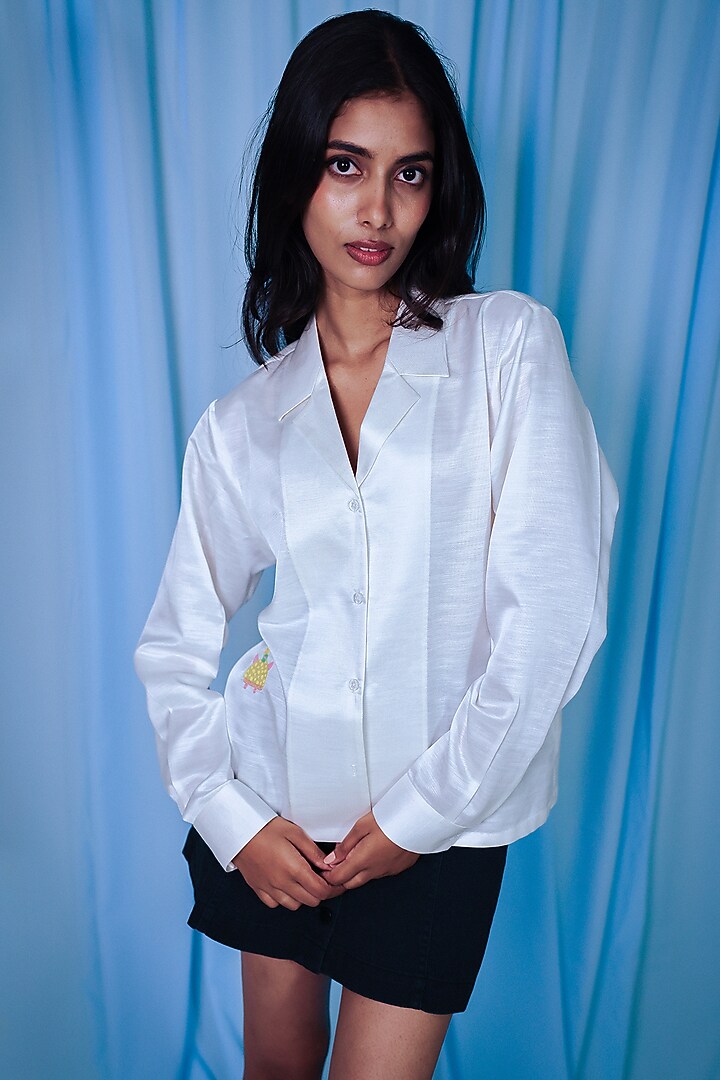 White Linen Satin Hand Embroidered Bowler Shirt by ARYA GIRI at Pernia's Pop Up Shop