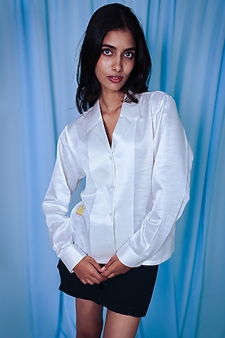 White Linen Satin Hand Embroidered Bowler Shirt by ARYA GIRI
