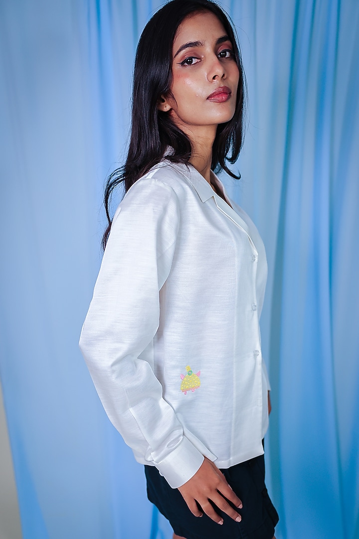 White Linen Satin Hand Embroidered Bowler Shirt by ARYA GIRI at Pernia's Pop Up Shop