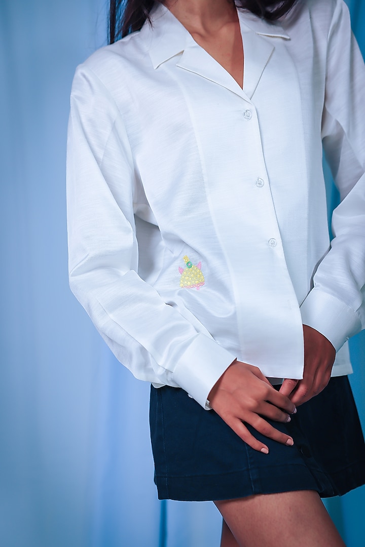 White Linen Satin Hand Embroidered Bowler Shirt by ARYA GIRI at Pernia's Pop Up Shop