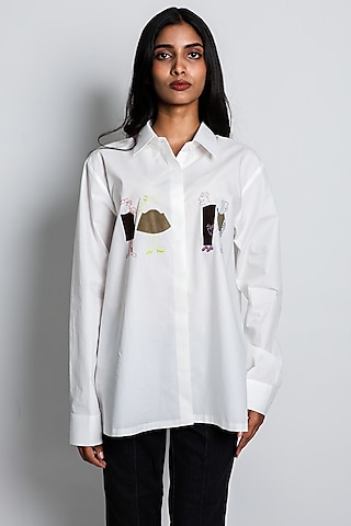 White Poplin Thread Embroidered Shirt by ARYA GIRI