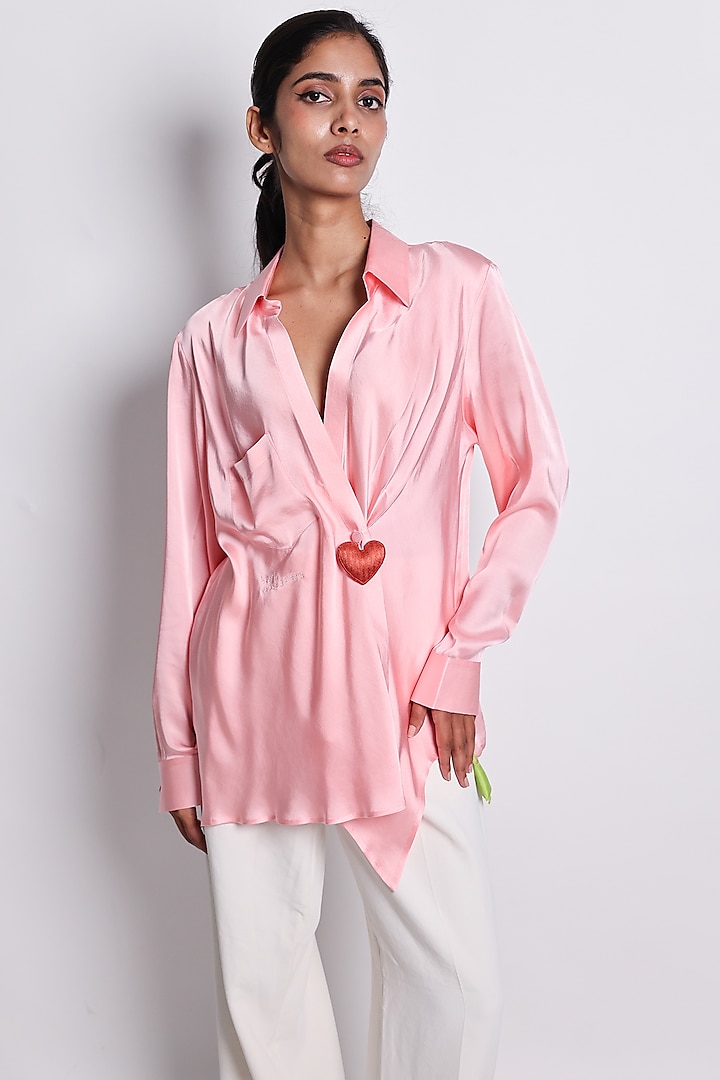 Pink Satin Zari Hand Embroidered Asymmetric Shirt by ARYA GIRI at Pernia's Pop Up Shop