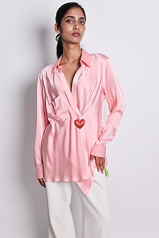 Pink Satin Zari Hand Embroidered Asymmetric Shirt by ARYA GIRI