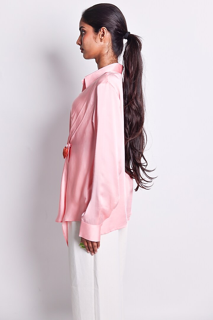 Pink Satin Zari Hand Embroidered Asymmetric Shirt by ARYA GIRI at Pernia's Pop Up Shop
