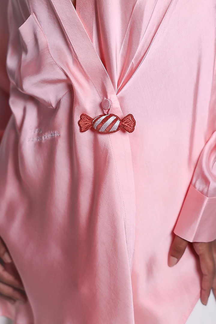 Pink Satin Zari Hand Embroidered Asymmetric Shirt by ARYA GIRI at Pernia's Pop Up Shop