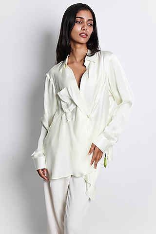 Yellow Linen Satin Zari Hand Embroidered Draped Shirt by ARYA GIRI