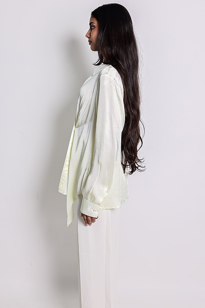 Yellow Linen Satin Zari Hand Embroidered Draped Shirt by ARYA GIRI at Pernia's Pop Up Shop