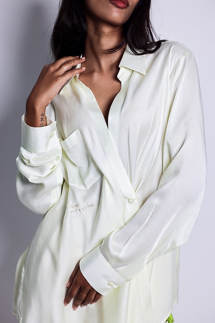 Yellow Linen Satin Zari Hand Embroidered Draped Shirt by ARYA GIRI at Pernia's Pop Up Shop
