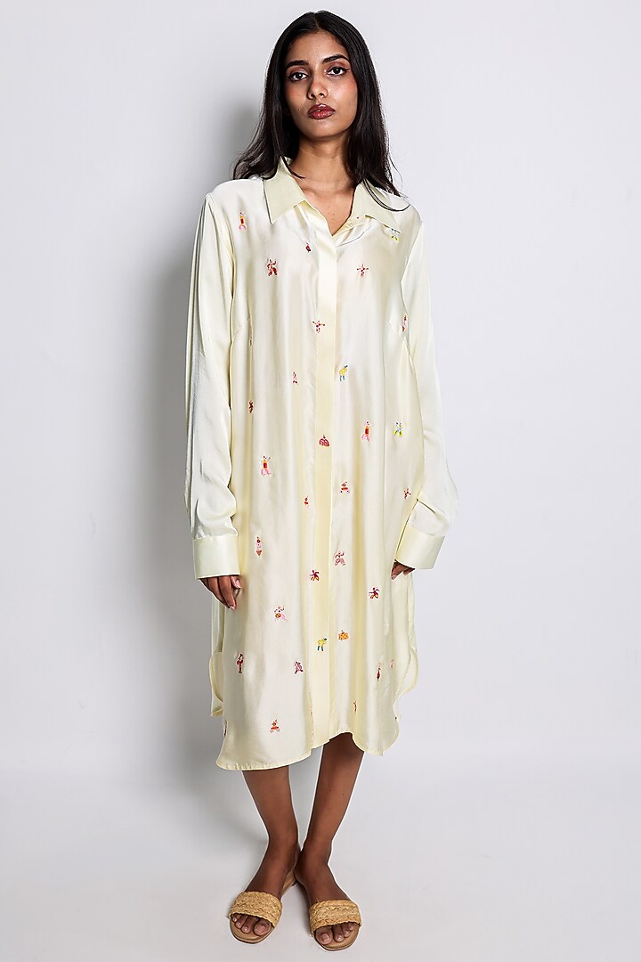 Yellow Modal Satin Hand Embroidered Shirt Vacation Dress by ARYA GIRI at Pernia's Pop Up Shop