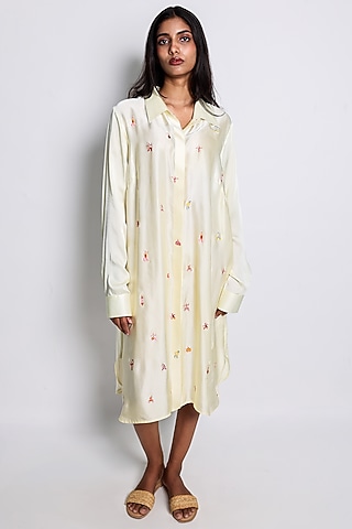 Yellow Modal Satin Hand Embroidered Shirt Dress by ARYA GIRI