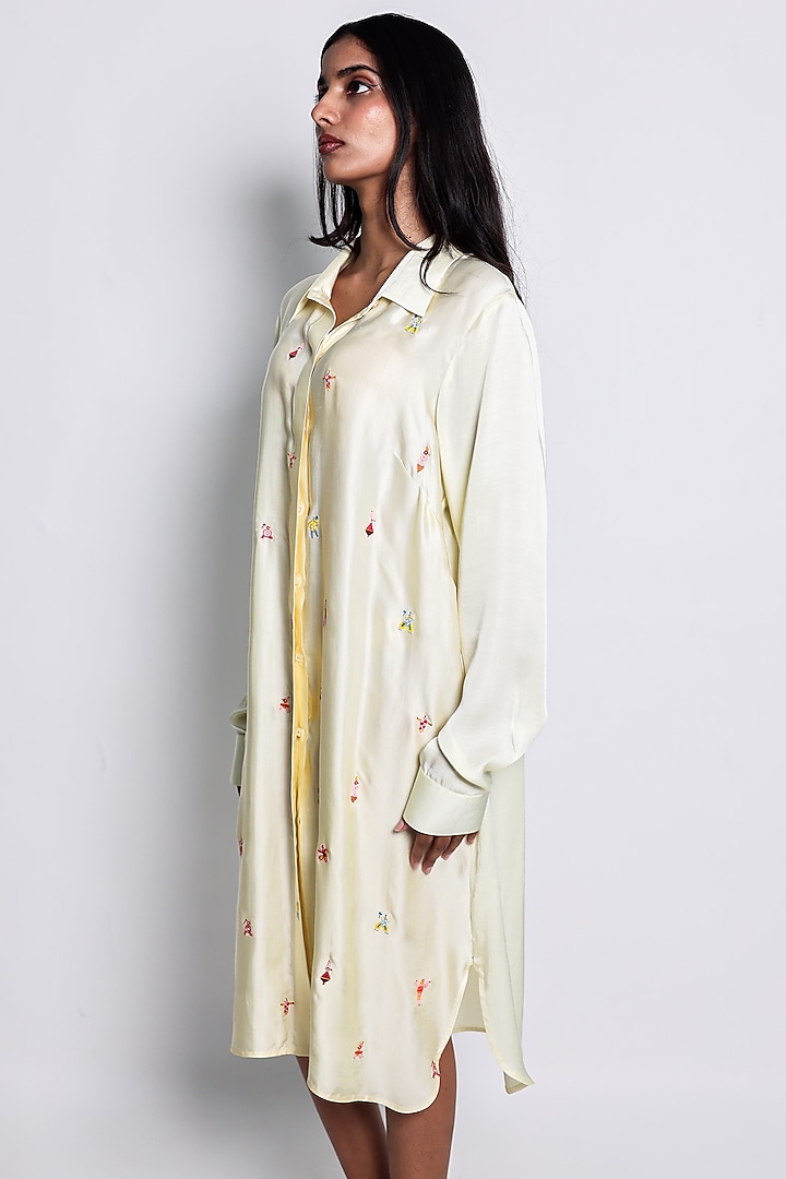 Yellow Modal Satin Hand Embroidered Shirt Vacation Dress by ARYA GIRI at Pernia's Pop Up Shop