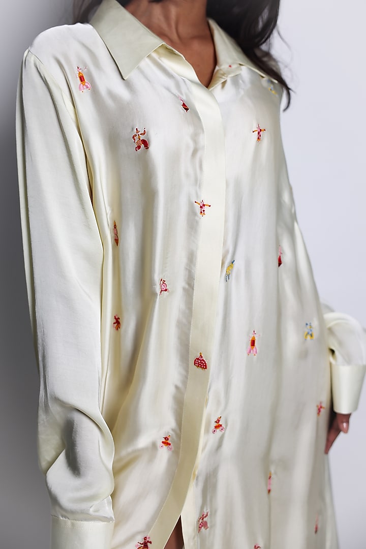 Yellow Modal Satin Hand Embroidered Shirt Vacation Dress by ARYA GIRI at Pernia's Pop Up Shop