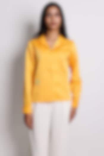 Orange Linen Satin Hand Embroidered Bowler Shirt by ARYA GIRI at Pernia's Pop Up Shop