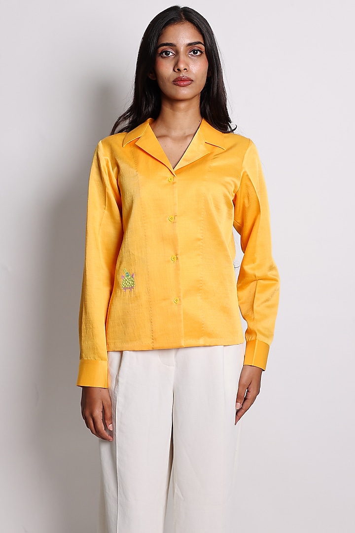 Orange Linen Satin Hand Embroidered Bowler Shirt by ARYA GIRI at Pernia's Pop Up Shop