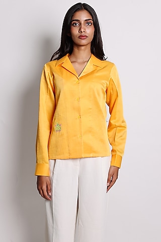 Orange Linen Satin Hand Embroidered Bowler Shirt by ARYA GIRI