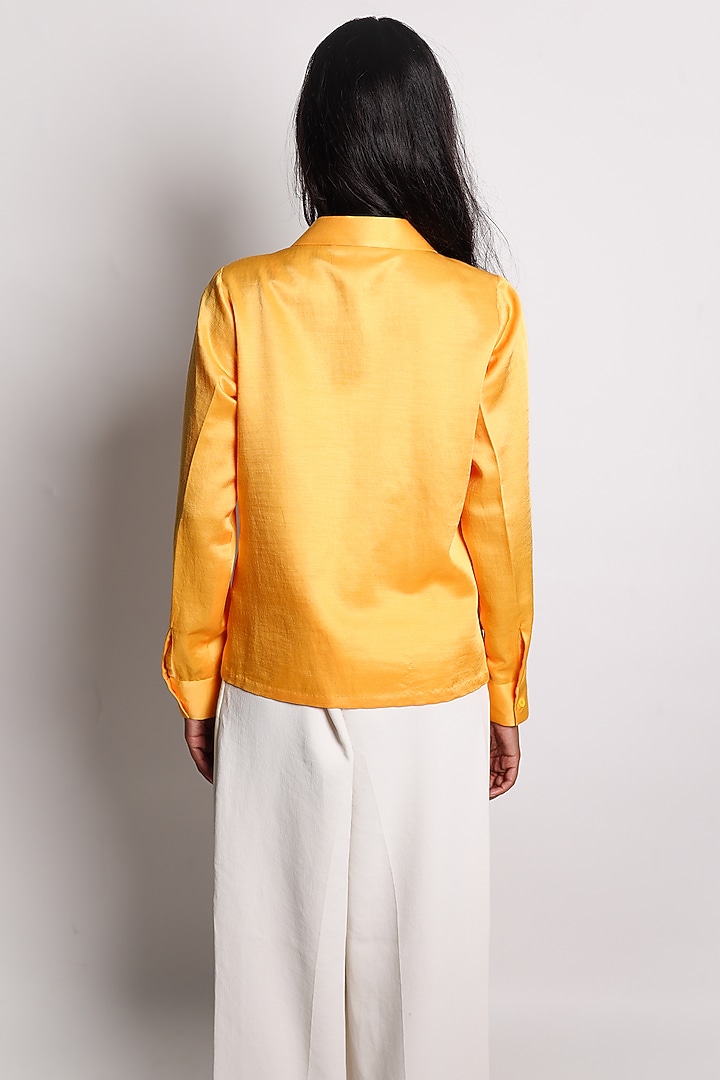 Orange Linen Satin Hand Embroidered Bowler Shirt by ARYA GIRI at Pernia's Pop Up Shop